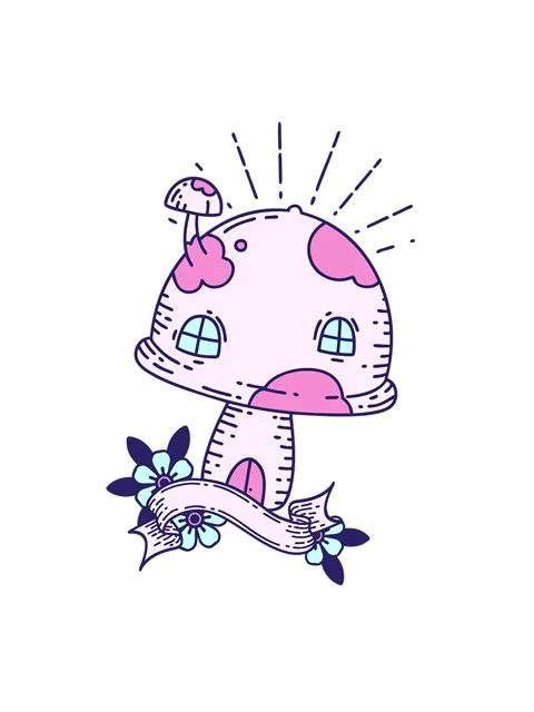 Shaking motion animation of scroll banner with tattoo style toadstool house Stock Footage 324426233