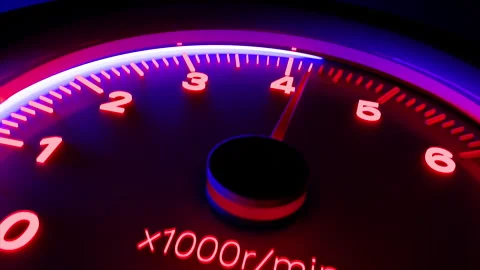 Shaking neon tachometer close up with arrow showing fast increasing rotation Stock Footage 256225559