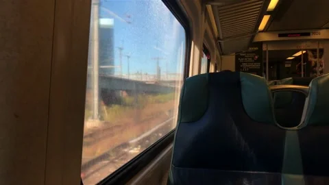 Shaking train seating view with dirty window, LIRR amtrak - 4K Video stock 225169385