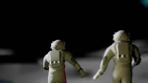 Shaky dynamic 3d render video of runing couple of astronaunt on moon surface Stock Footage 293521224