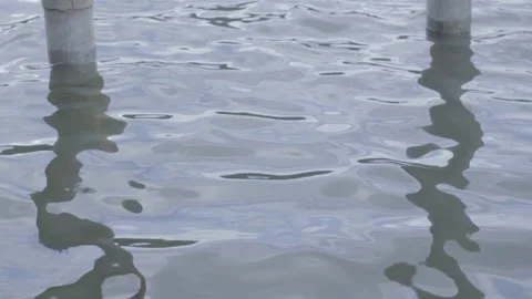 Shaky Handheld B-Roll of Poles Reflected in Calm Water with Gentle Ripples .. Stock Footage 303340192