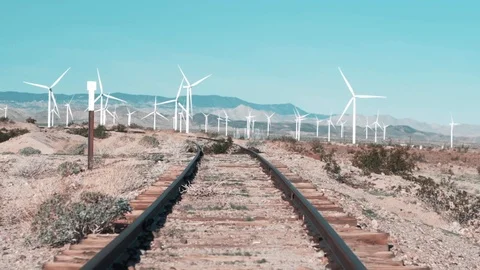 Shaky Handheld Static of Desert, Train Tracks and Windmills (Ocotillo Wells, CA) Stock Footage 102290965