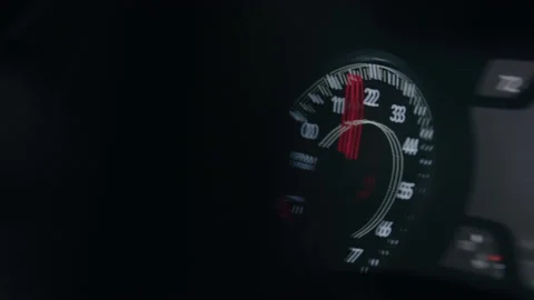 Shaky shot view of Speedometer in fast car during furious ride indoors Stock Footage 208806180