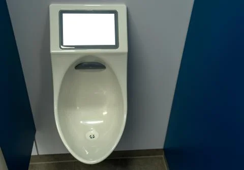 Shallow advertisement tablet touchscreen mockup inside on a urinal Foto stock