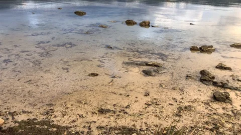 Shallow beach with cloudy sky over the small town. Stock Footage 106351288