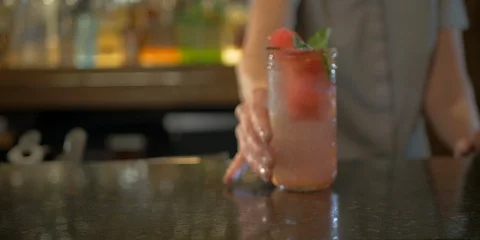 Shallow depth-of-field close-up of a watermelon margherita. Stock Footage 114194706