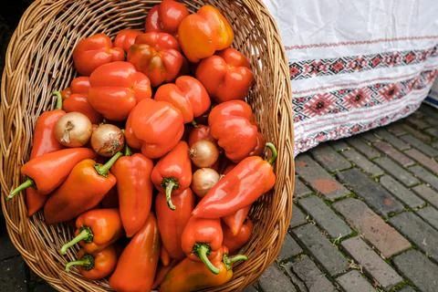 Shallow depth of field (selective focus) image with a basket filled with orga Stock Photos