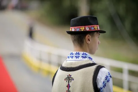 Shallow depth of field (selective focus) details with a boy dressed in Romani Stock Photos