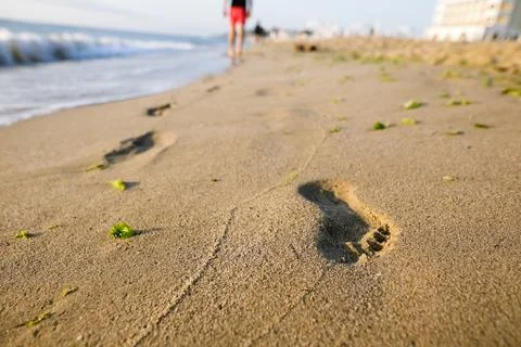 Shallow depth of field (selective focus) details with footprints in the beach Stock Photos