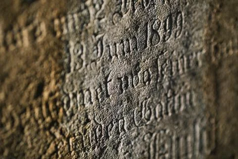 Shallow depth of field (selective focus) details with the text in old german  Stock Photos