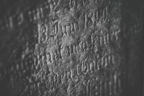 Shallow depth of field (selective focus) details with the text in old german  Foto stock