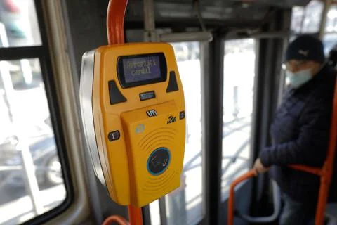 Shallow depth of field (selective focus) details with a ticketing machine ins Stock Photos