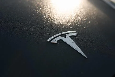 Shallow depth of field (selective focus) details with the Tesla logo on the.. Stock-Fotos