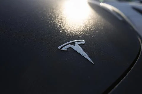 Shallow depth of field (selective focus) details with the Tesla logo on the.. Stock Photos