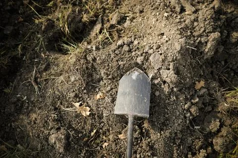 Shallow depth of field (selective focus) image with a metal shovel on a pie.. Stock Photos