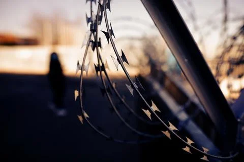 Shallow depth of field (selective focus) image with razor wire. Stock Photos