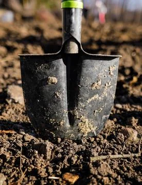 Shallow depth of field (selective focus) image with a metal shovel on a pie.. Stock Photos