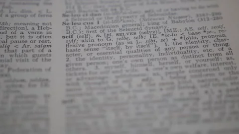 Shallow focus on a english dictionary page on the word Self Stock Footage 169975761