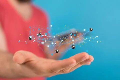 Shallow focus of human hand holding interconnected abstract lines, digital Stock Photos