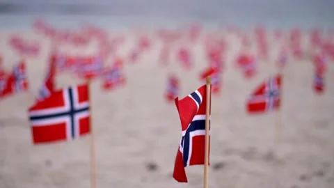 Shallow focus many Norway flags blowing in breeze on sandy beach Stock Footage 133850920