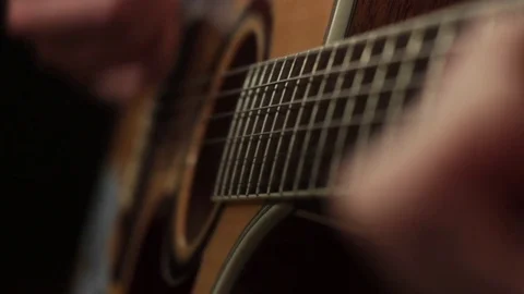 Shallow focus of the technique of the play on acoustic guitar Stock-Footage 70719319