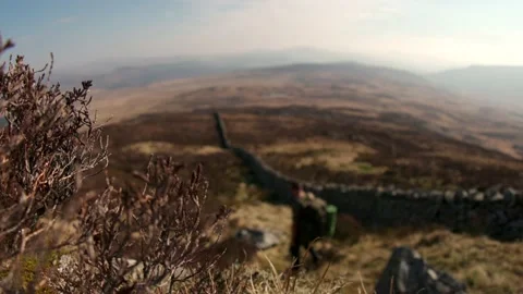 Shallow focus Welsh mountain view of a hiker walking past an old stone wall Stock Footage 180471750