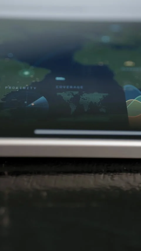 Shallow focus world map dashboard combines dotted location markers Stock Footage 342486999