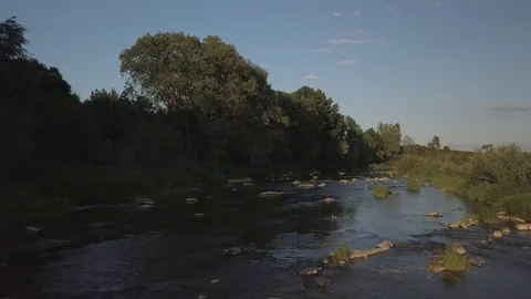 A shallow mountain river flows among stones Stock Footage 102053419