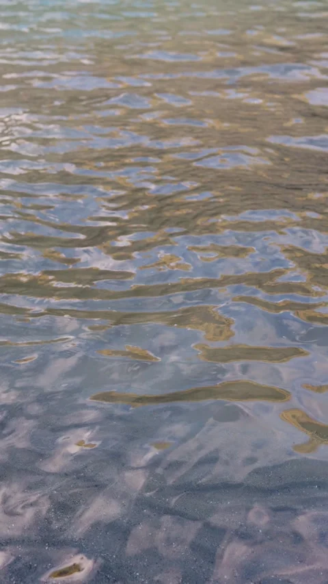 Shallow mountain stream water flowing over a sandy riverbed with gentle ripples 스톡 동영상 345414480