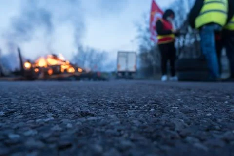 Shallow out of focus protesters of the yellow vests (gilets jaunes) movement  Stock Photos
