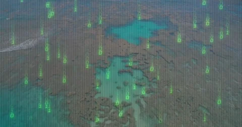 Shallow reef revealing turquoise pools as descending binary overlay fading, Stock Footage 330444344
