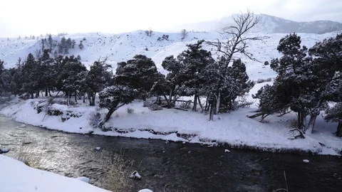 Shallow river flowing through Yellowstone National Park during winter Stock-Footage 93371662