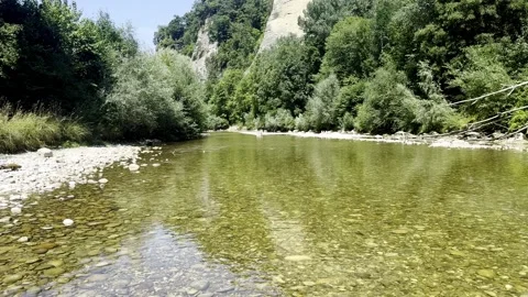 Shallow River Water Flowing Over Smooth Stones, Switzerland Stock Footage 341394772