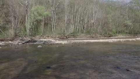 A shallow riverbed with a rocky bottom and shoals and fragments of stones Stock Footage 273540486