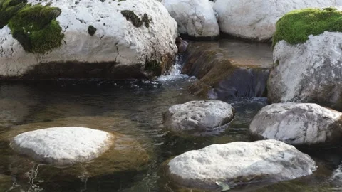 A shallow riverbed with a rocky bottom, shoals and a small stream of water Stock Footage 256865185