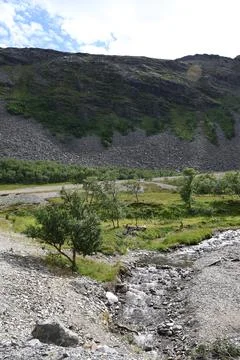 A shallow, rocky mountain stream flows through a rugged valley in Norway, wit Stock Photos
