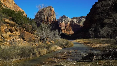 Shallow stream flowing through Zion National Park Stock Footage 93602314