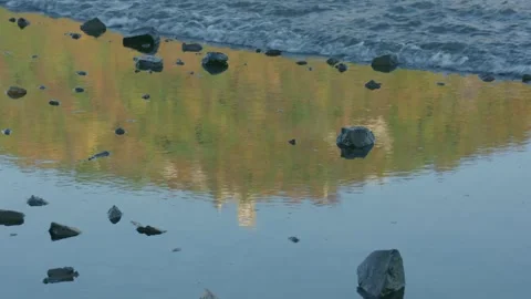 Shallow wave over reflection of castle and autumn forest Stock Footage 317610707