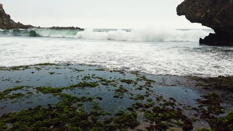 Shallow waves submerge seaweed ecosystem in Java, Indonesia Stockbeeldmateriaal 122582280
