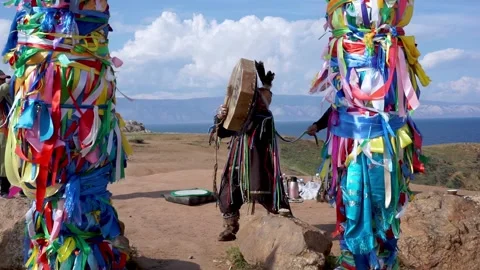 A shaman on Baikal performs a ritual Stock Footage 152361948
