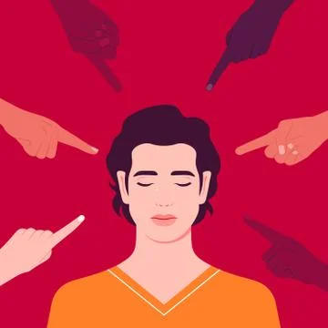 The shame. Hands of different people point to the man. Portrait of crying guy. Stock Illustration