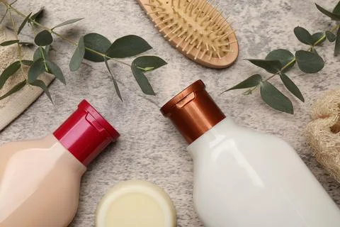 Shampoo bottles, solid shampoo bar, hair brush and green leaves on grey tex.. 写真素材