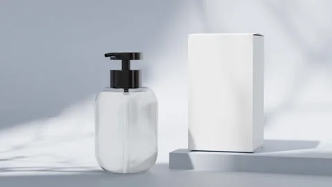 Shampoo pump bottle and paper box on clean background, luxury cosmetic prod.. Stock Footage 335081385