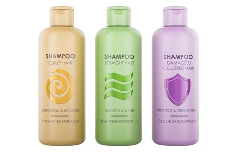 Shampoo range for curly, straight, damaged and colored hair. 3D rendering Stock Illustration
