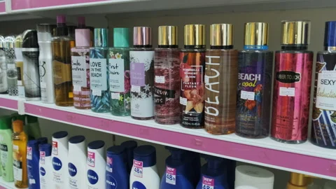 Shampoo shelf. Lots of different products in a simple African store. Stock Footage 150399711