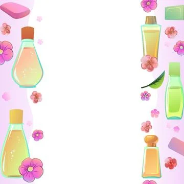 Shampoos and soaps with the scent of flowers. seamless vertical frame. Cartoon Stock Illustration