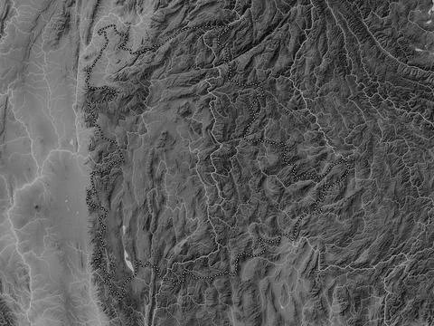 Shan, Myanmar. Grayscale elevation map with lakes and rivers Illustrazione stock