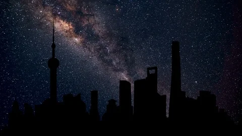 Shangai Skyline, Lujiazui Skyscrapers, Stars Timelapse at Night Stock Footage