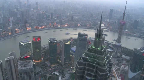 Shanghai Bund aerial from the World Financial TIME LAPSE day to night Stock Footage