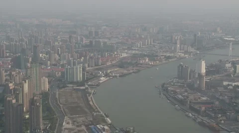 Shanghai Bund large aerial view of the city from World Financial Center Stock Footage